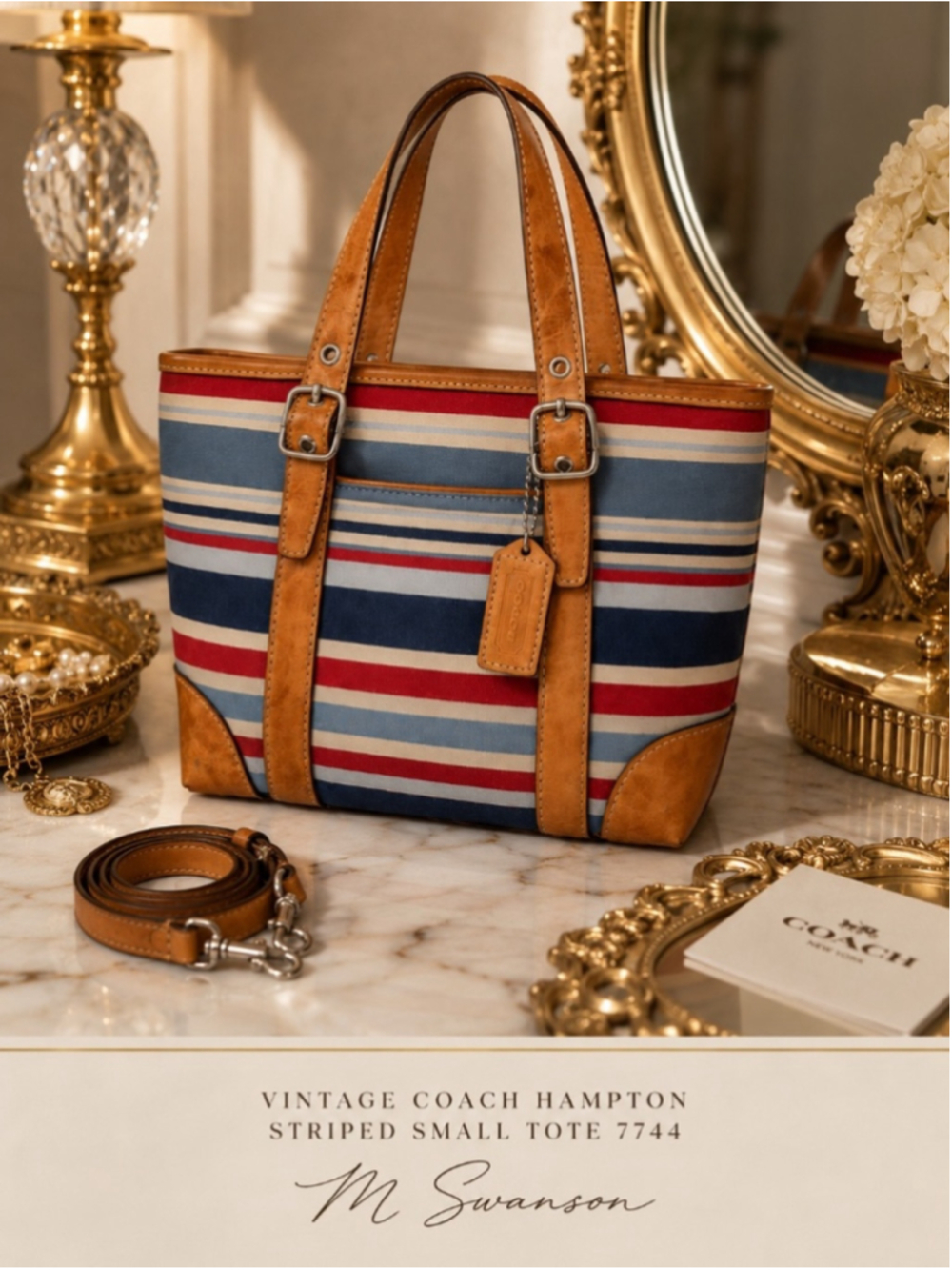 Vintage Coach Hampton Striped Small Tote 7744 Blue Red Canvas
